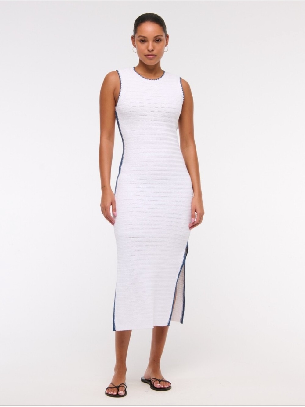 Abercrombie Crocheted White Knit Sleeveless Midi Dress Blue Trim Sz XL